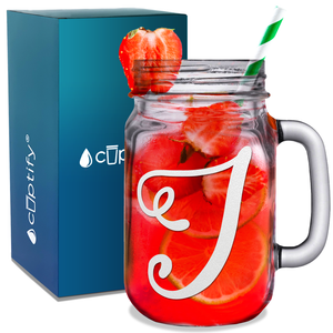 Monogram Curly Initial Letter I Etched on 16 oz Mason Jar Glass