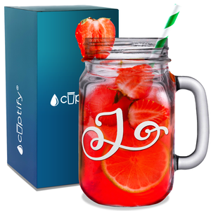 Monogram Curly Initial Letter J Etched on 16 oz Mason Jar Glass