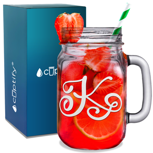 Monogram Curly Initial Letter K Etched on 16 oz Mason Jar Glass