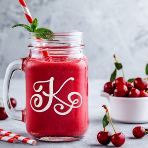 Monogram Curly Initial Letter K Etched on 16 oz Mason Jar Glass
