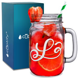 Monogram Curly Initial Letter L Etched on 16 oz Mason Jar Glass