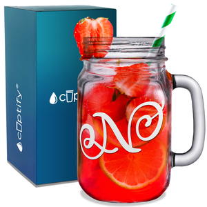 Monogram Curly Initial Letter N Etched on 16 oz Mason Jar Glass