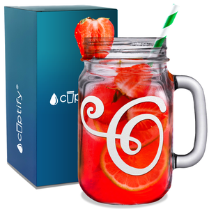 Monogram Curly Initial Letter O Etched on 16 oz Mason Jar Glass
