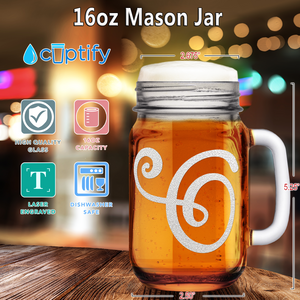 Monogram Curly Initial Letter O Etched on 16 oz Mason Jar Glass