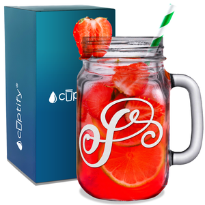 Monogram Curly Initial Letter P Etched on 16 oz Mason Jar Glass