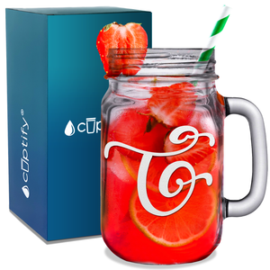 Monogram Curly Initial Letter T Etched on 16 oz Mason Jar Glass
