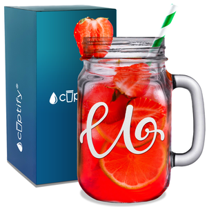 Monogram Curly Initial Letter U Etched on 16 oz Mason Jar Glass