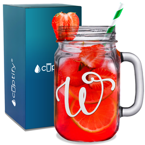 Monogram Curly Initial Letter W Etched on 16 oz Mason Jar Glass