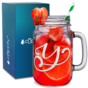 Monogram Curly Initial Letter Y Etched on 16 oz Mason Jar Glass