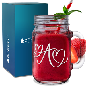 Monogram Hearts Initial Letter A Etched on 16 oz Mason Jar Glass