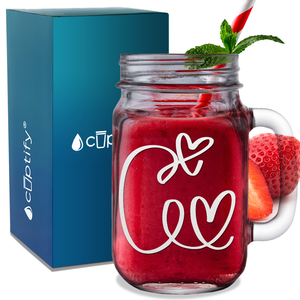 Monogram Hearts Initial Letter C Etched on 16 oz Mason Jar Glass
