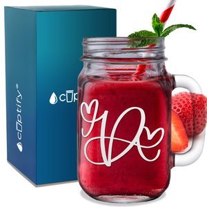Monogram Hearts Initial Letter D Etched on 16 oz Mason Jar Glass