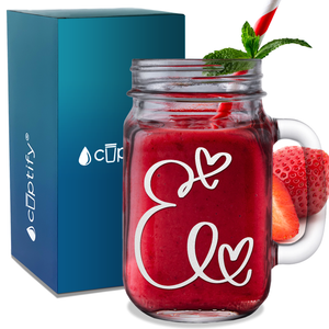 Monogram Hearts Initial Letter E Etched on 16 oz Mason Jar Glass