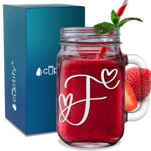 Monogram Hearts Initial Letter F Etched on 16 oz Mason Jar Glass