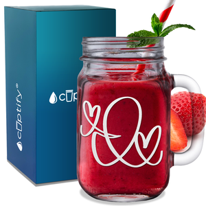 Monogram Hearts Initial Letter I Etched on 16 oz Mason Jar Glass
