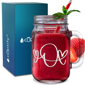 Monogram Hearts Initial Letter O Etched on 16 oz Mason Jar Glass