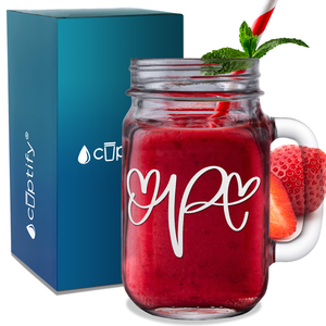 Monogram Hearts Initial Letter P Etched on 16 oz Mason Jar Glass