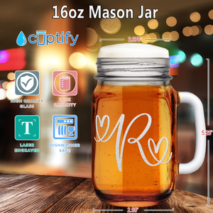 Monogram Hearts Initial Letter R Etched on 16 oz Mason Jar Glass