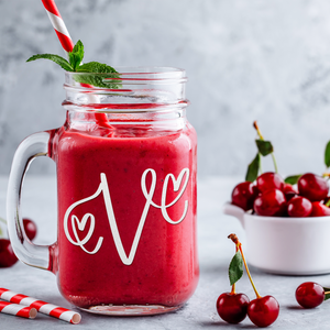 Monogram Hearts Initial Letter V Etched on 16 oz Mason Jar Glass