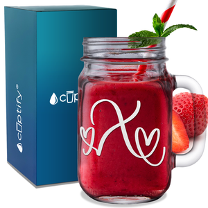 Monogram Hearts Initial Letter X Etched on 16 oz Mason Jar Glass
