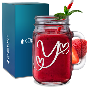 Monogram Hearts Initial Letter Y Etched on 16 oz Mason Jar Glass
