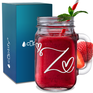 Monogram Hearts Initial Letter Z Etched on 16 oz Mason Jar Glass