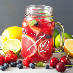 Monogram Hearts Initial Letter Z Etched on 16 oz Mason Jar Glass