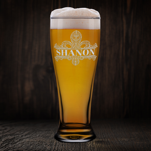 Personalized Fleur de Lis Etched 16oz Beer Pilsner Glass