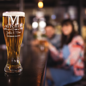 Personalized Monogram Initial and Name with Anniversary Date Etched 16 oz Beer Pilsner Glass