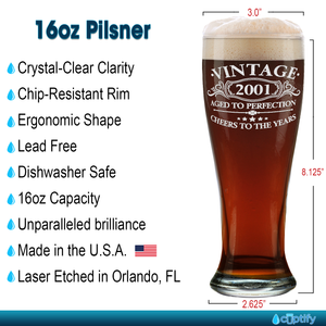 Vintage Aged To Perfection Cheers To 21 Years 2001 Etched on 16oz Glass Pilsner