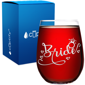 Bride Hearts Etched on 17 oz Stemless Wine Glass
