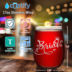 Bride Hearts Etched on 17 oz Stemless Wine Glass