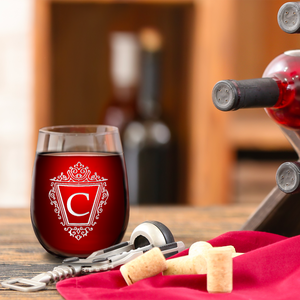 Personalized Classic Crest Etched 17oz Stemless Wine Glass