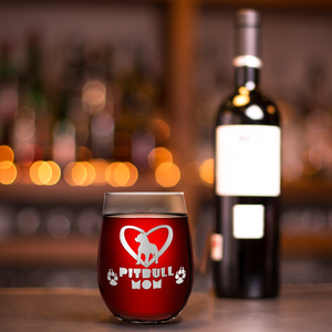 Pitbull Mom Laser Engraved on 15 oz Stemless Wine Glass