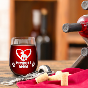 Pitbull Mom Laser Engraved on 15 oz Stemless Wine Glass