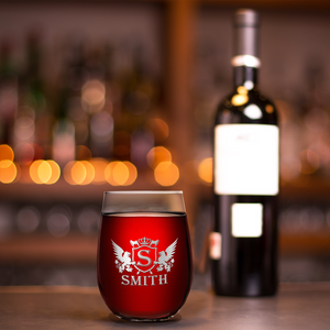 Personalized Initial Badge Crown Etched 17oz Stemless Wine Glass