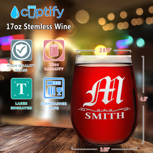 Personalized Gothic Initial Etched 17oz Stemless Wine Glass