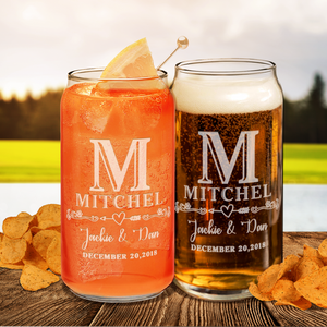 Personalized Monogram with Date Etched 20 oz Glass Can