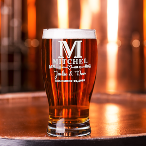 Personalized Monogram Initial and Name with Anniversary Date Etched 20 oz Beer Pub Glass