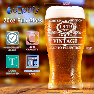 43rd Birthday Vintage 43 Years Old Limited Edition 1979 Etched on 20oz Pub Glass