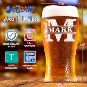 Personalized Vintage Block Etched 20 oz Beer Pub Glass