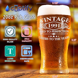 31st Birthday Vintage Aged to Perfection 31 Years Old Cheers to The Years 1991 Etched 20oz Pub Glass
