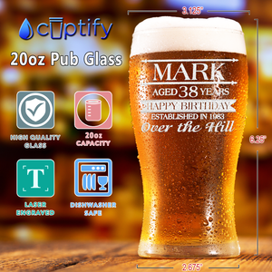 Personalized Name Year and Age Classic Happy Birthday Over The Hill Etched 20 oz Beer Pub Glass