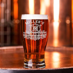 Personalized Distilled Spirits Surname and Initial Etched 20 oz Beer Pub Glass