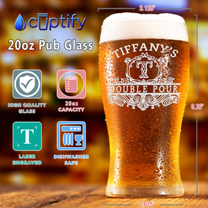 Personalized Double Pour Name and Initial Etched 20 oz Beer Pub Glass