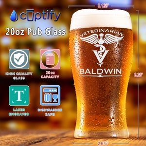 Personalized Veterinarian Etched 20 oz Beer Pub Glass