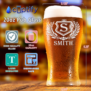 Personalized Monogram Initial Badge 20oz Beer Pub Glass
