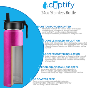 24oz Hot Pink Glitter Wide Mouth Water Bottle With Straw Lid