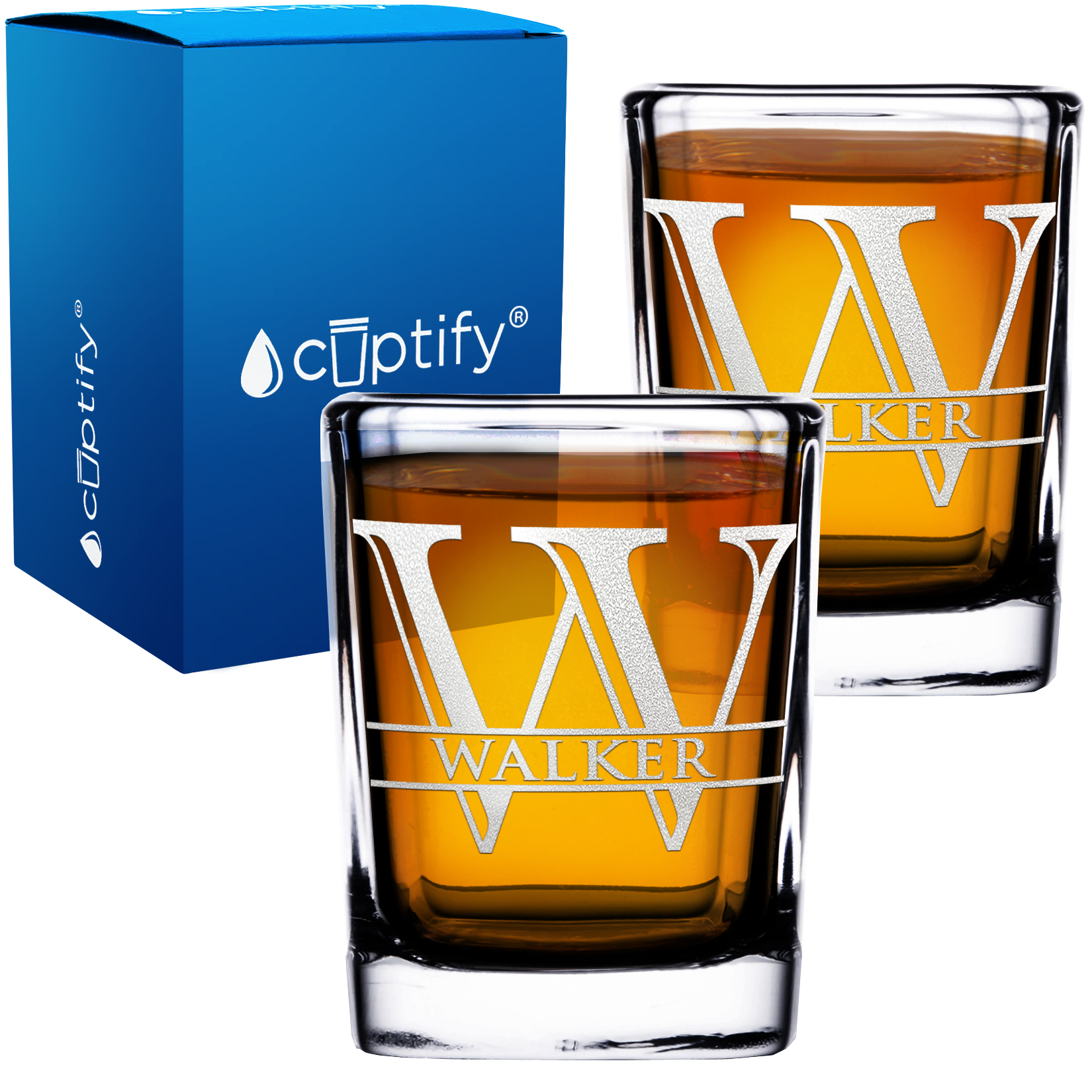Personalized Split Script Initial and Name 2oz Square Shot Glasses - Set of 2