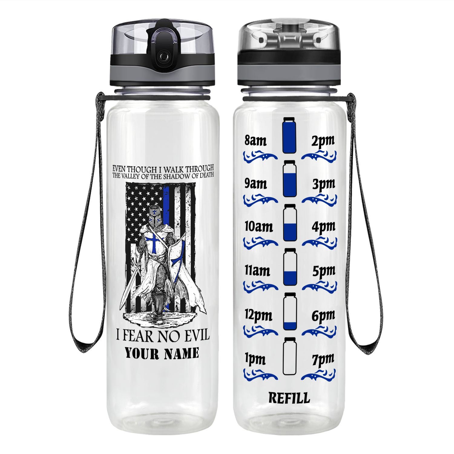 Personalized Thin Blue Line Police Knight Motivational Tracking Water Bottle